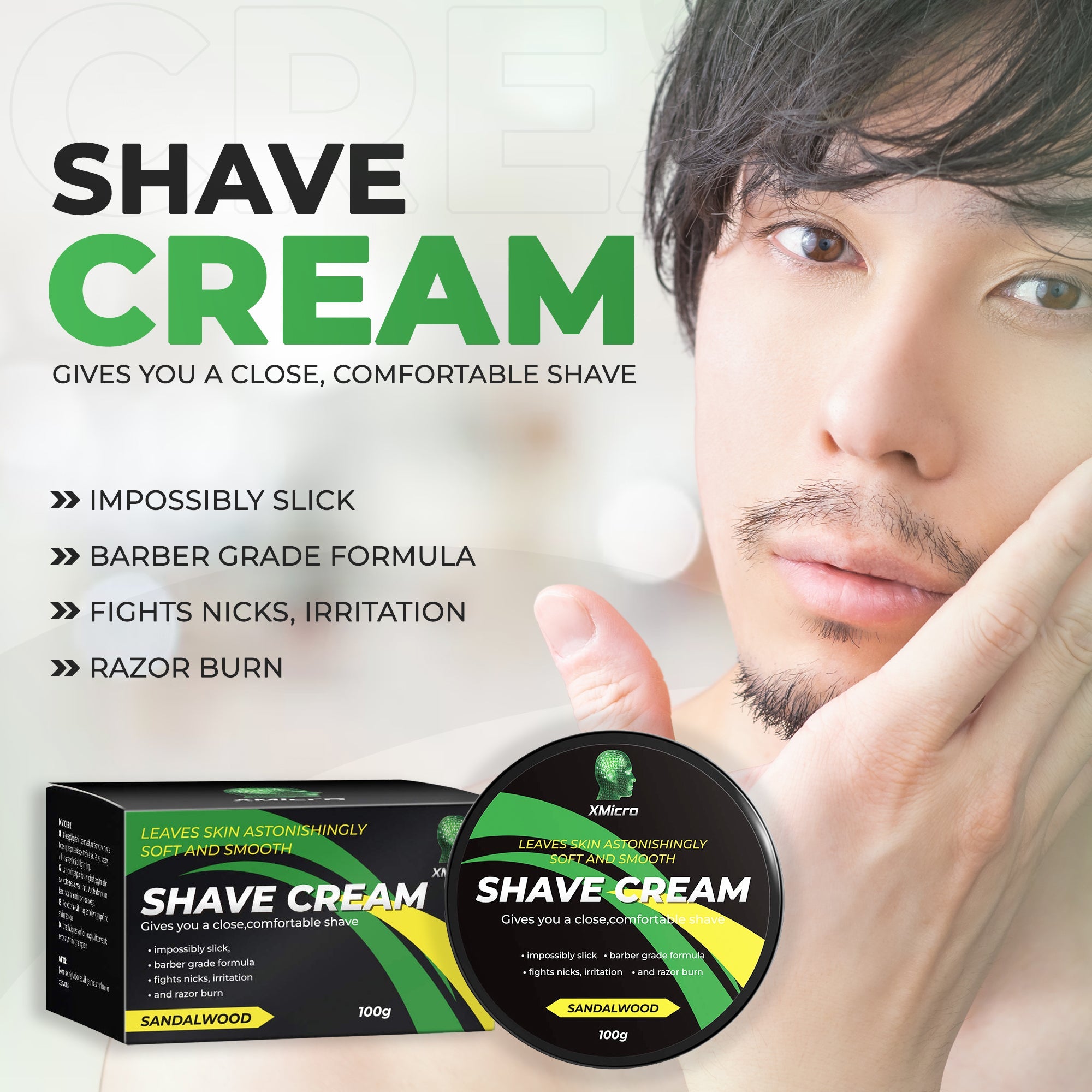XMicro Barber Grade Sandalwood Shave Cream, Astonishingly Soft and Smooth Ultra-Slick Shaving Cream Fights Nicks, Cuts, and Razor Burn 4FL Oz