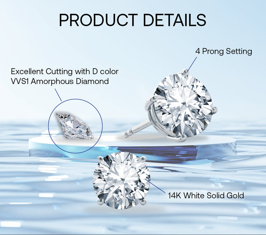 DiamondX 14K White Solid Gold Created White Diamond Round 1/4Ct, 1/2Ct, 1Ct, 2Ct, 3Ct Stud Earrings - D/VVS1