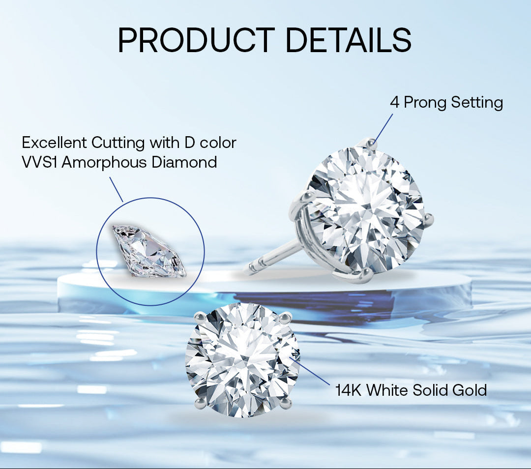 DiamondX 14K White Solid Gold Created White Diamond Round 1/4Ct, 1/2Ct, 1Ct, 2Ct, 3Ct Stud Earrings - D/VVS1