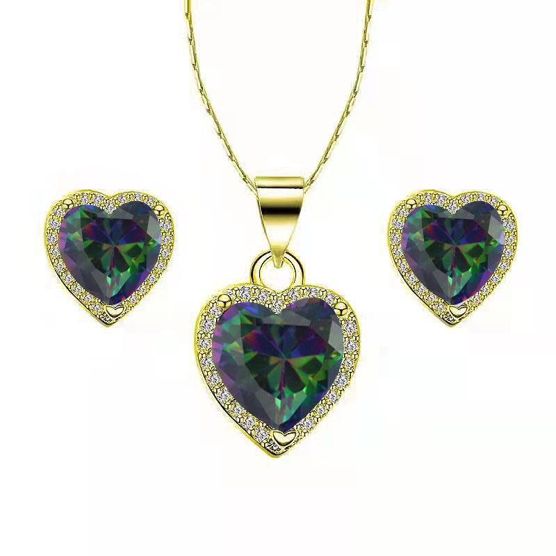 DiamondX 18k Yellow Gold Plated Heart 4 Carat Created Mystic Full Set Necklace, Earrings 18 Inch