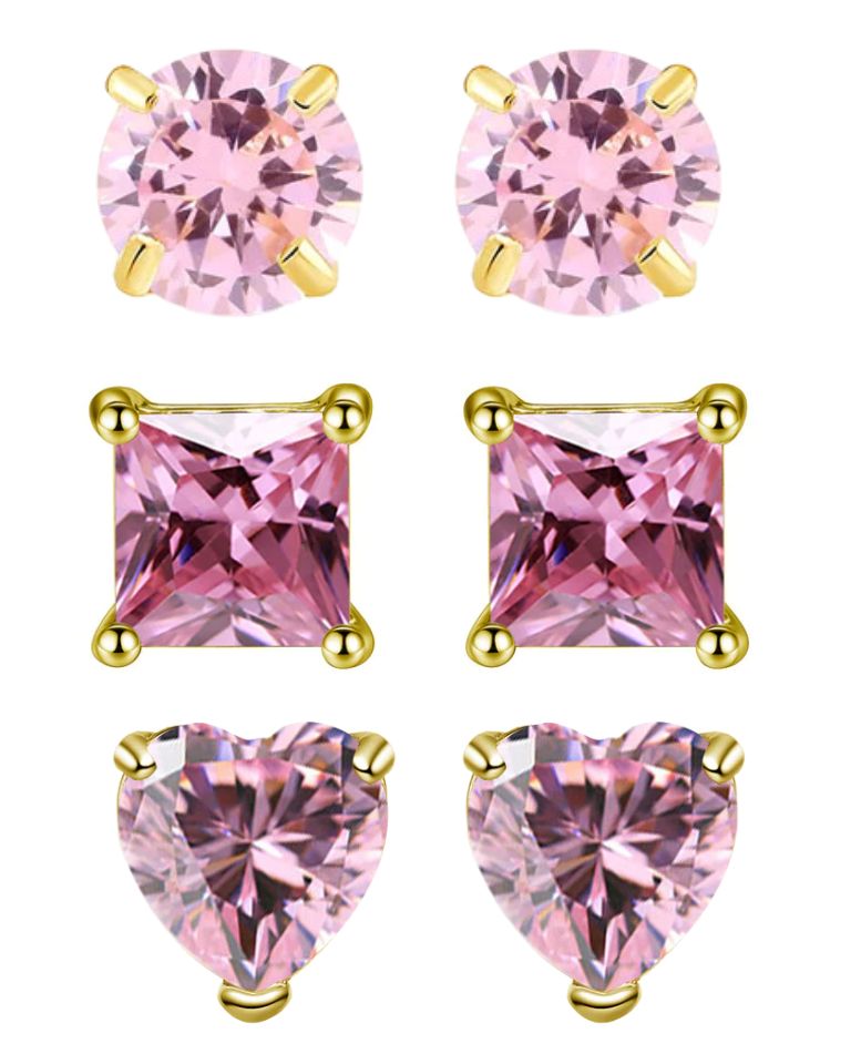 DiamondX 18k Yellow Gold Created Tourmaline 3 Pair Round, Square And Heart Stud Earrings Plated 4mm