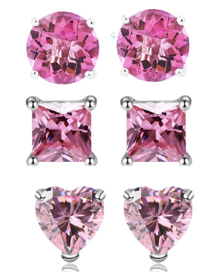 DiamondX 18k White Gold 4Cttw Created Tourmaline 3 Pair Round, Square and Heart Stud Earrings Plated