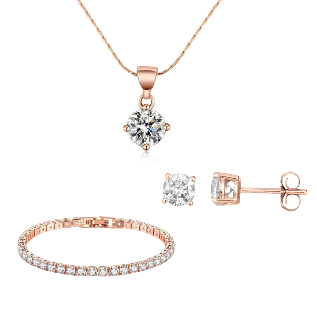 DiamondX 18K Rose Gold 3 Set Created White Sapphire Round Necklace, Earrings And Clasp Bracelet Plated