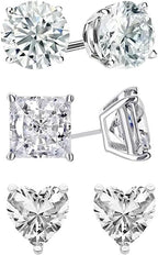 18k White Gold Moissanite 3 Pair Round, Square And Heart Stud Earrings Plated 4mm by DiamondX