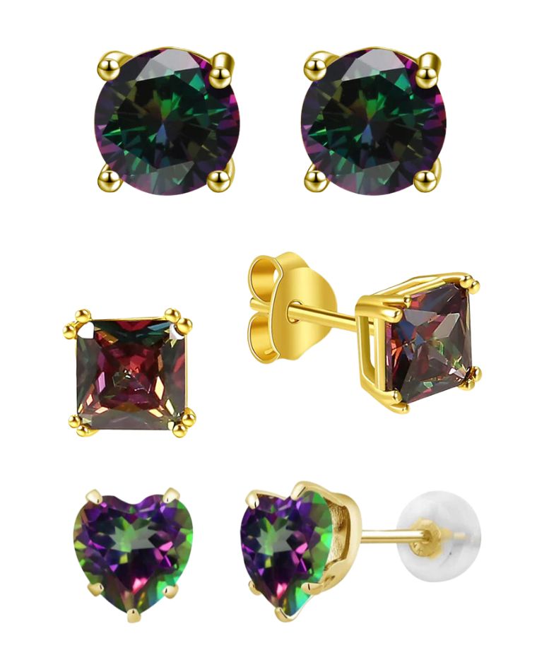 DiamondX 18k Yellow Gold 4Cttw Created Mystic 3 Pair Round, Square And Heart Stud Earrings Plated