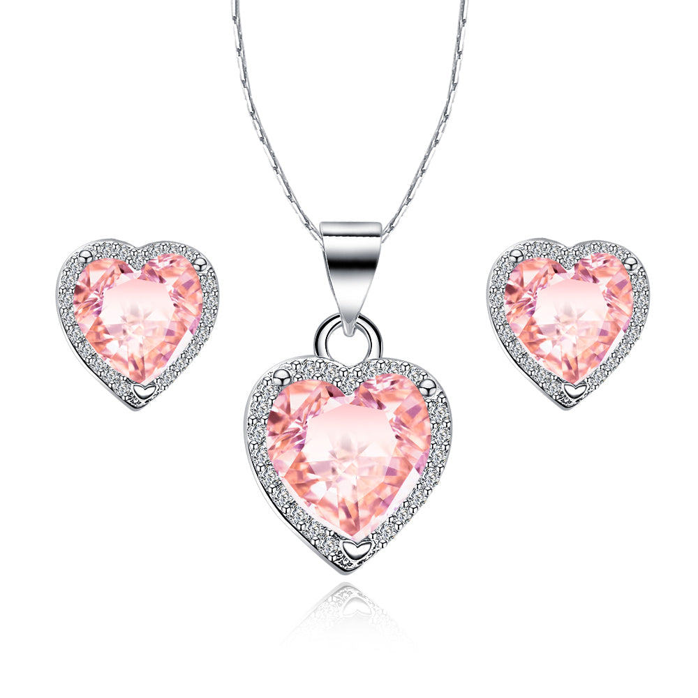 DiamondX 18k White Gold Plated Heart 4 Carat Created Pink Sapphire Full Set Necklace, Earrings 18 Inch