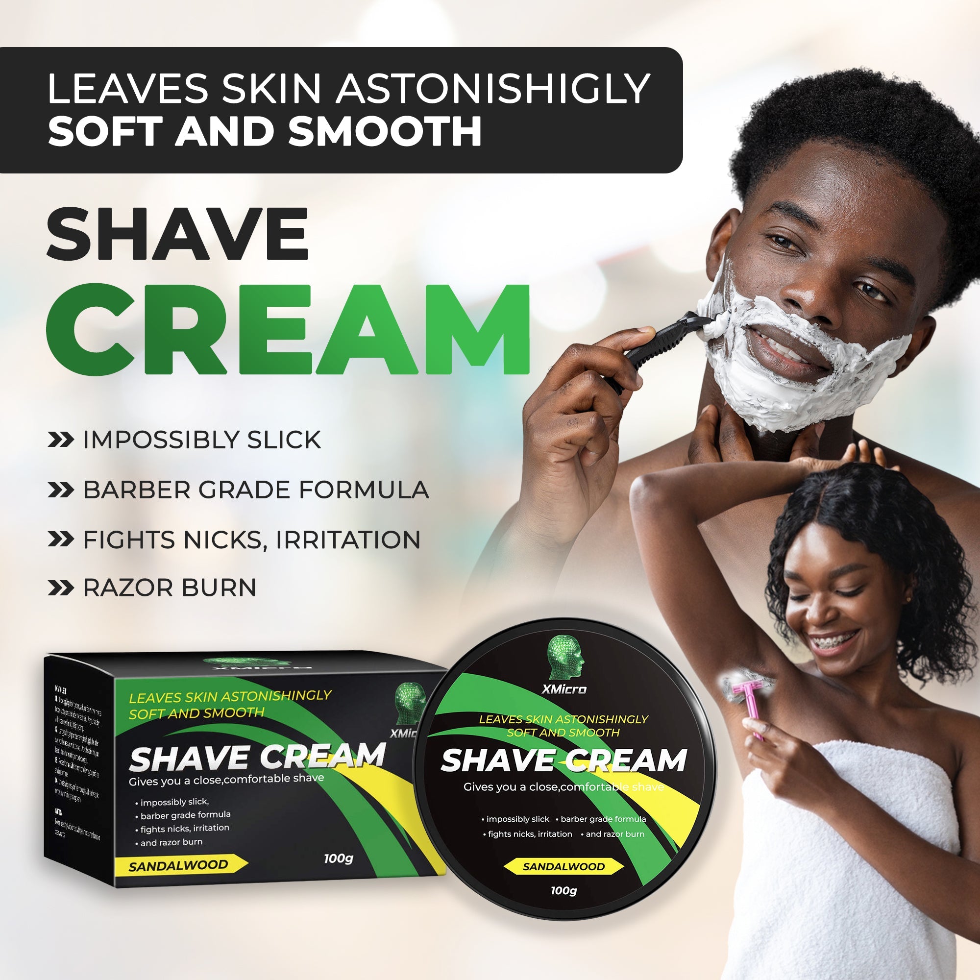 XMicro Barber Grade Sandalwood Shave Cream, Astonishingly Soft and Smooth Ultra-Slick Shaving Cream Fights Nicks, Cuts, and Razor Burn 4FL Oz