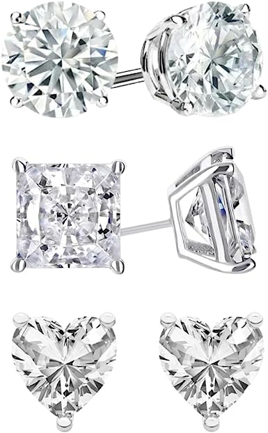 18k White Gold Moissanite 3 Pair Round, Square And Heart Stud Earrings Plated 4mm by DiamondX