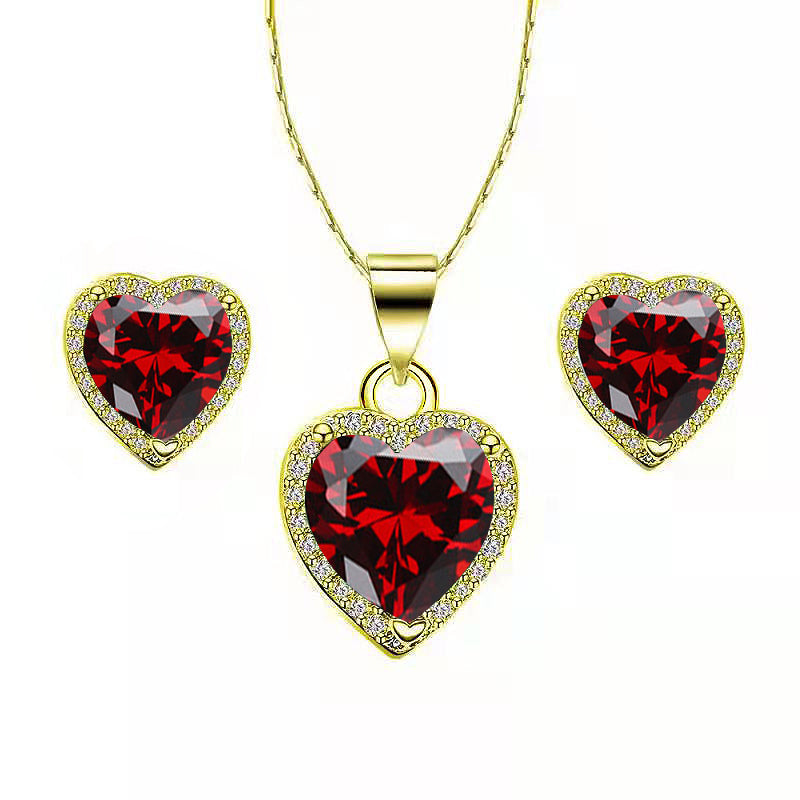 DiamondX 18k Yellow Gold Plated Heart 4 Carat Created Ruby Sapphire Full Set Necklace, Earrings 18 Inch