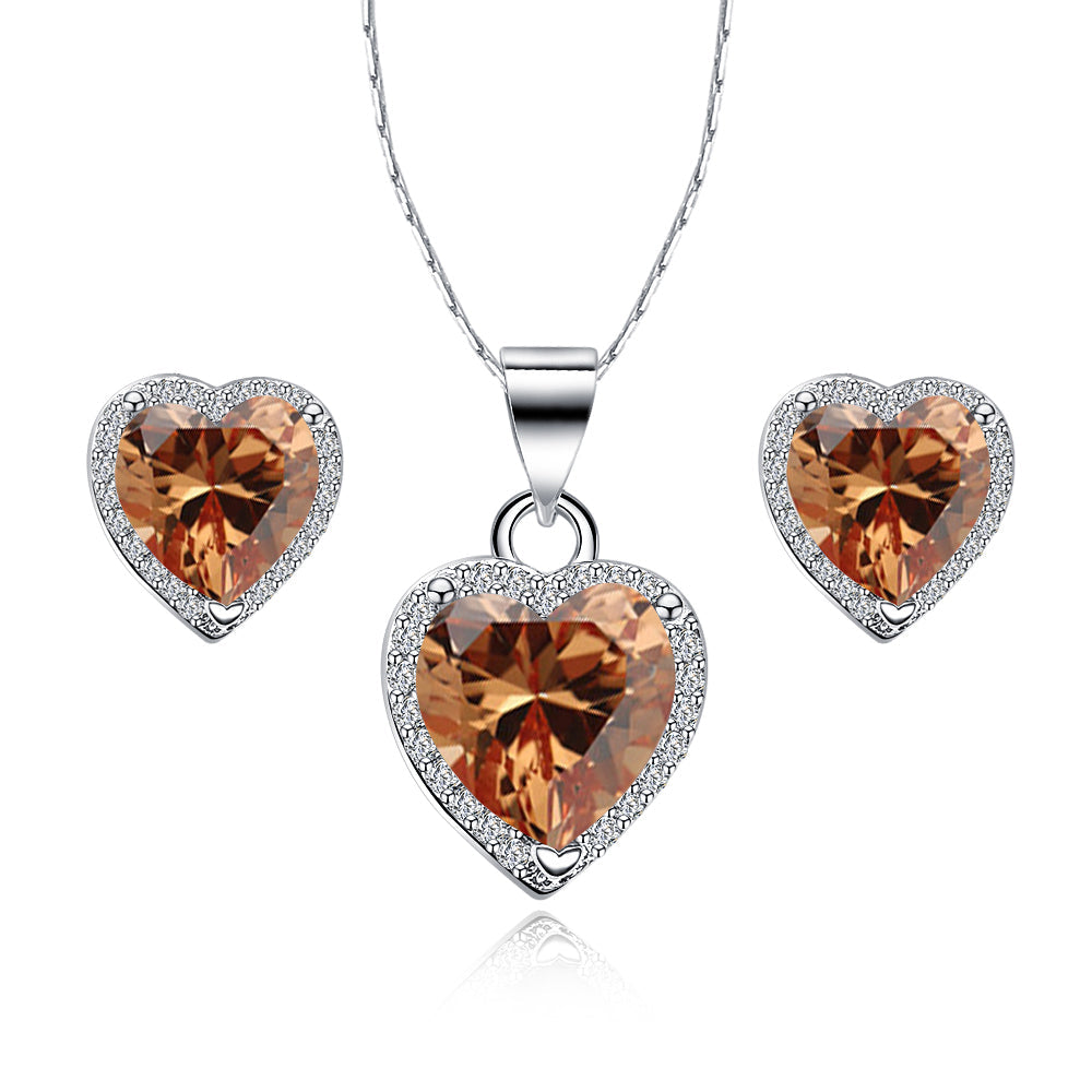 DiamondX 18k White Gold Plated Heart 4 Carat Created Champagne Full Set Necklace, Earrings 18 Inch
