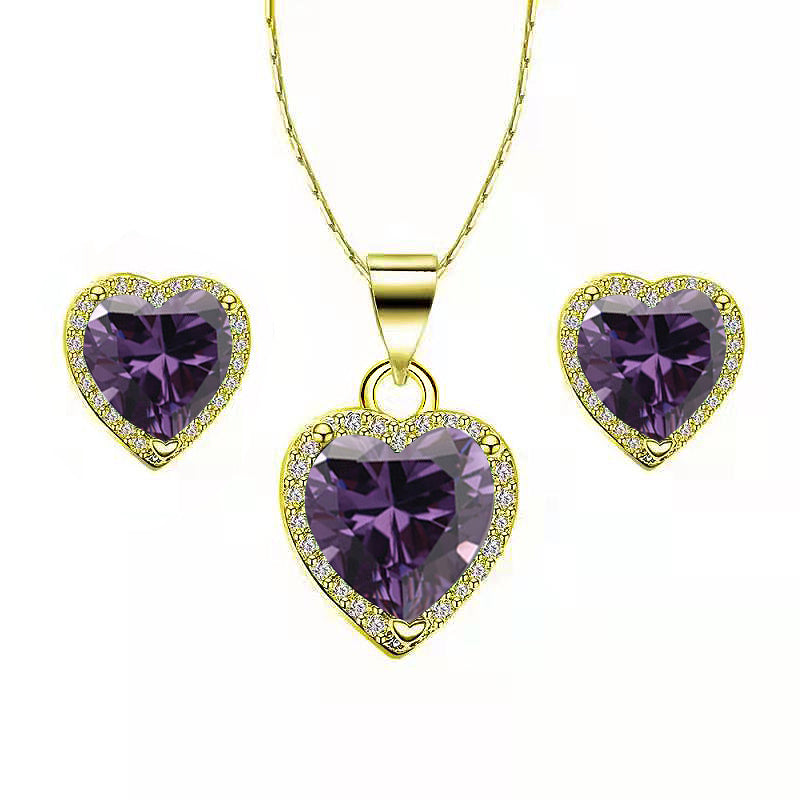 DiamondX 18k Yellow Gold Plated Heart 4 Carat Created Amethyst Full Set Necklace, Earrings 18 Inch