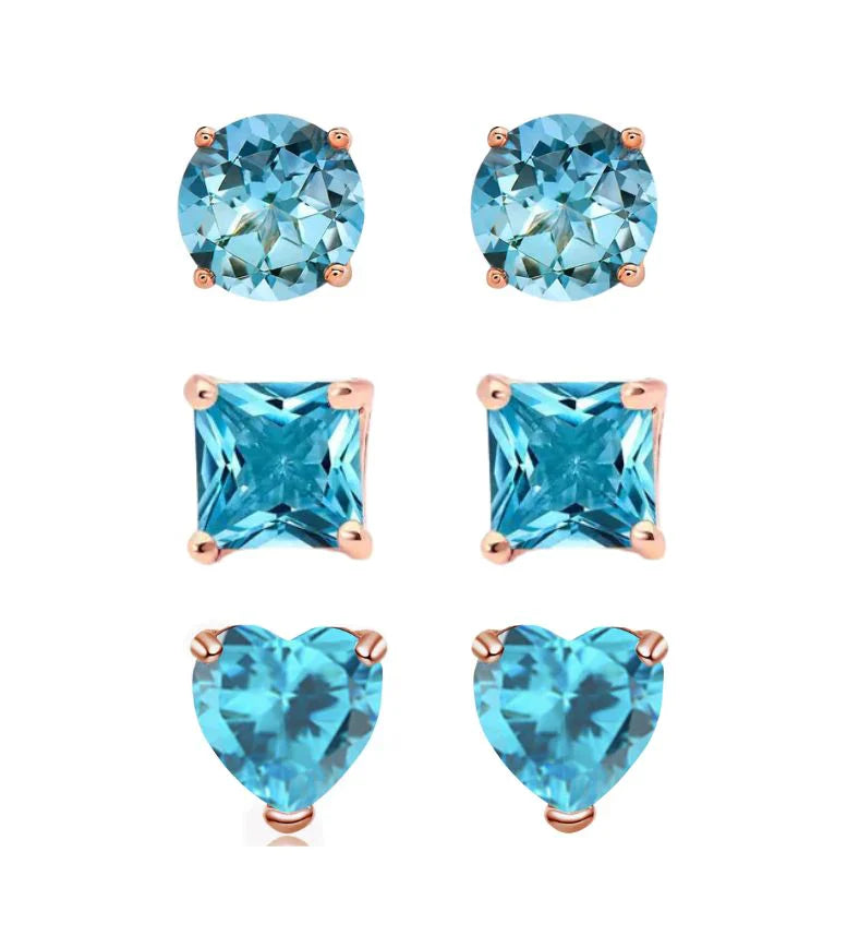 18k Rose Gold Plated 6mm Created Blue Topaz 3 Pair Round, Square and Heart Stud Earrings