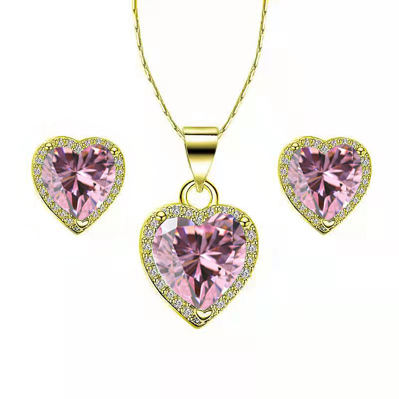 DiamondX 18k Yellow Gold Plated Heart 4 Carat Created Pink Sapphire Full Set Necklace, Earrings 18 Inch