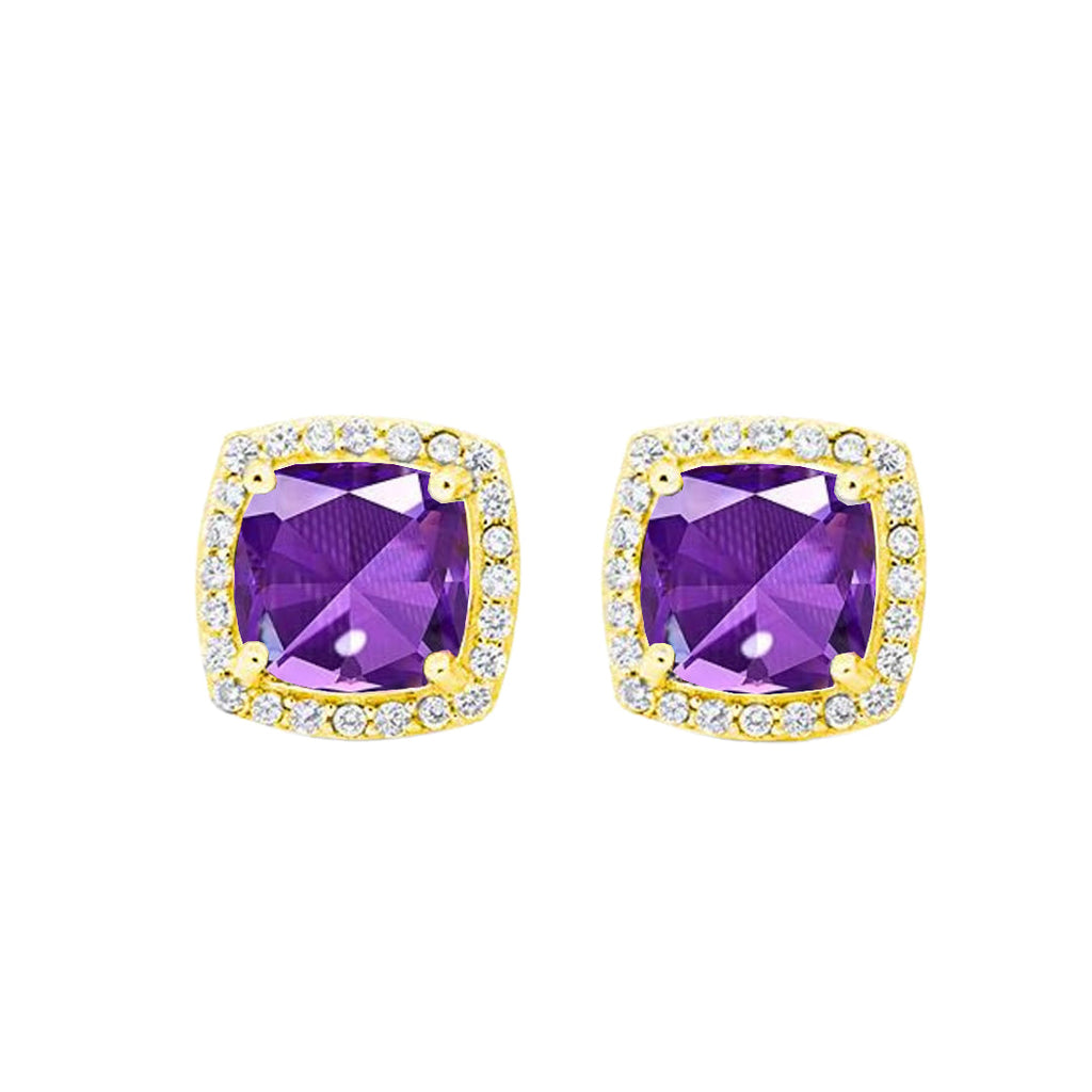 DiamondX 18k Yellow Gold 1 Carat Created Halo Princess Sapphire Birthstone Stud Earrings All Colors Plated