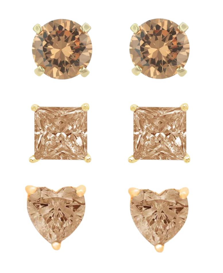 DiamondX 18k Yellow Gold 4Cttw Created Champagne 3 Pair Round, Square And Heart Stud Earrings Plated