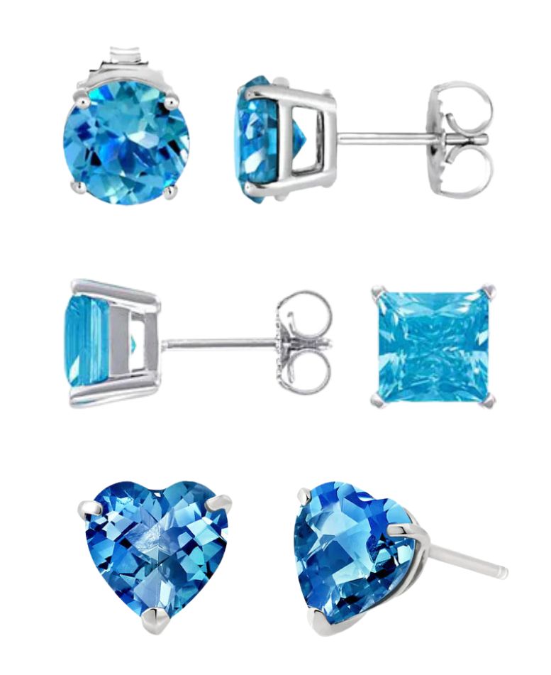 DiamondX 18k White Gold 4Cttw Created Blue Topaz 3 Pair Round, Square and Heart Stud Earrings Plated