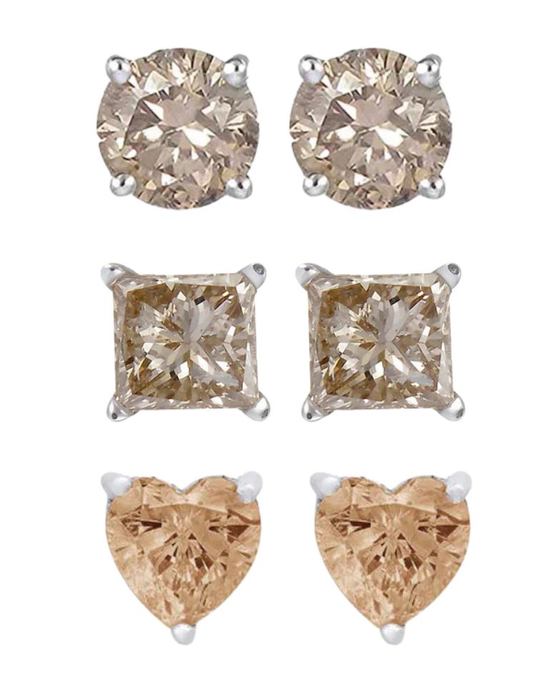 DiamondX 18k White Gold Created Champagne 3 Pair Round, Square and Heart Stud Earrings Plated 4mm