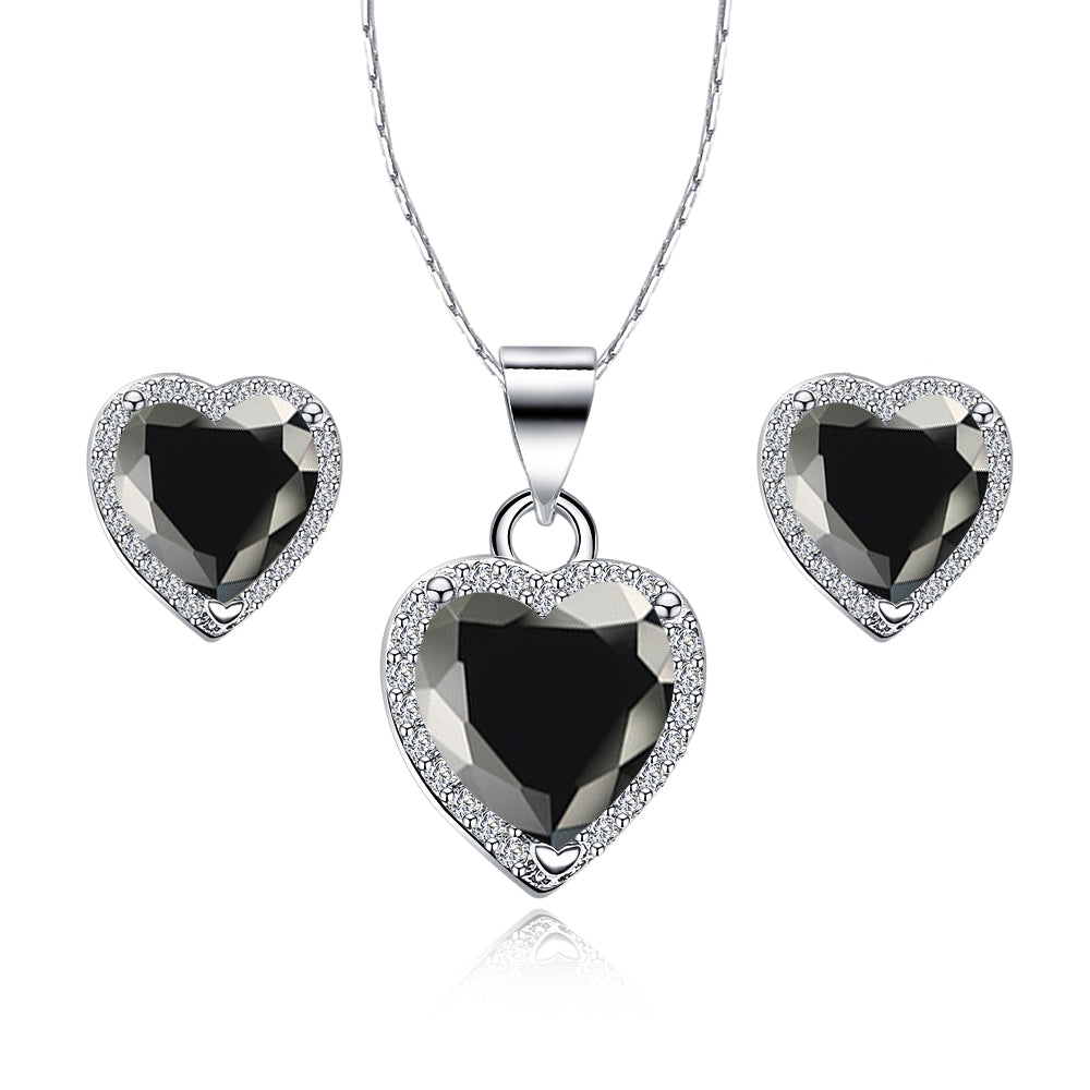 DiamondX 18k White Gold Plated Heart 4 Carat Created Black Sapphire Full Set Necklace, Earrings 18 Inch
