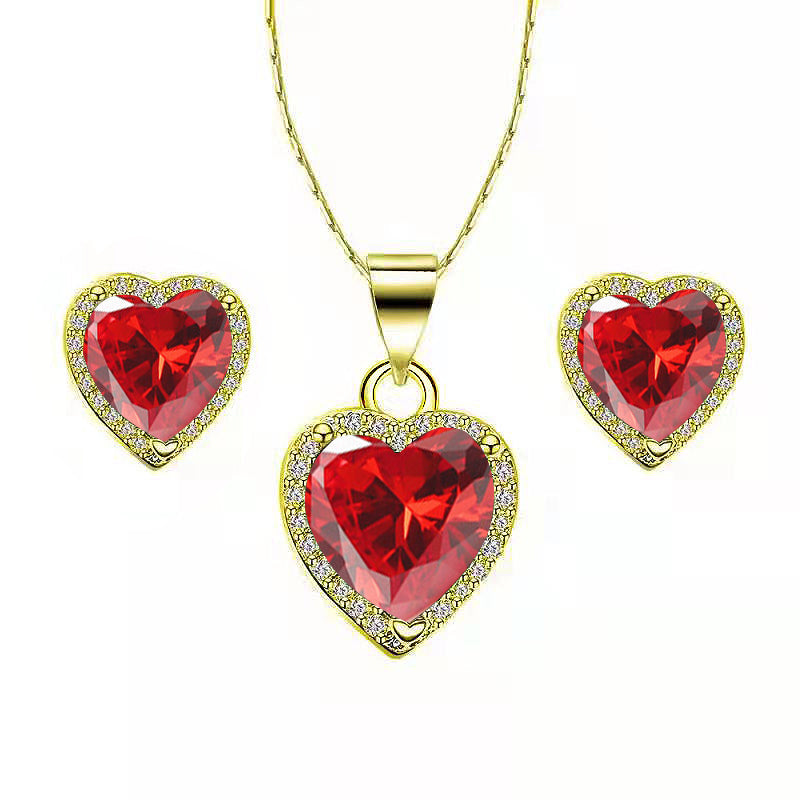 DiamondX 18k Yellow Gold Plated Heart 4 Carat Created Garnet Full Set Necklace, Earrings 18 Inch