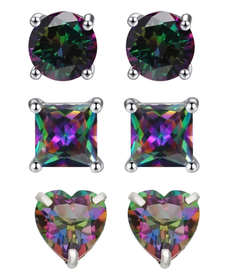 DiamondX 18k White Gold 4Cttw Created Tourmaline 3 Pair Round, Square and Heart Stud Earrings Plated