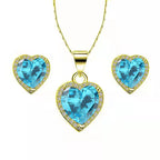 DiamondX 18k Yellow Gold Plated Heart 4 Carat Created Blue Topaz Full Set Necklace, Earrings 18 Inch