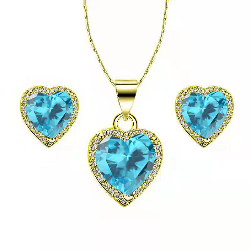 DiamondX 18k Yellow Gold Plated Heart 4 Carat Created Blue Topaz Full Set Necklace, Earrings 18 Inch