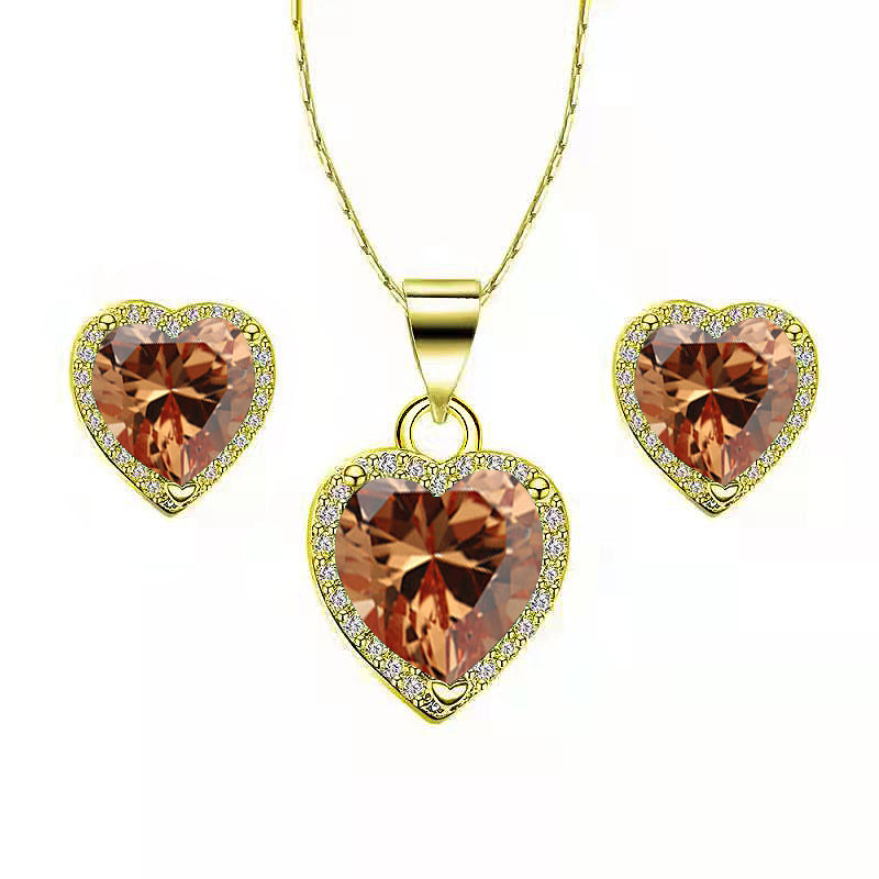 DiamondX 18k Yellow Gold Plated Heart 4 Carat Created Champagne Full Set Necklace, Earrings 18 Inch