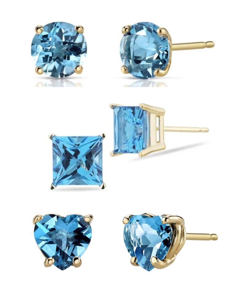 DiamondX 18k Yellow Gold 4Cttw Created Blue Topaz 3 Pair Round, Square And Heart Stud Earrings Plated