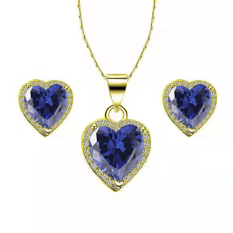 DiamondX 18k Yellow Gold Plated Heart 4 Carat Created Blue Sapphire Full Set Necklace, Earrings 18 Inch