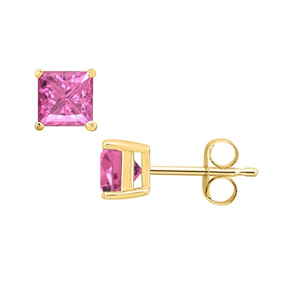 DiamondX 14k Yellow Gold Push Back Princess Created Pink Sapphire Stud Earrings 3mm