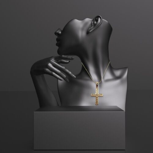 24K Yellow Gold 1 ct Created Diamond CZ Cross Stud Necklace Plated 18 inch
