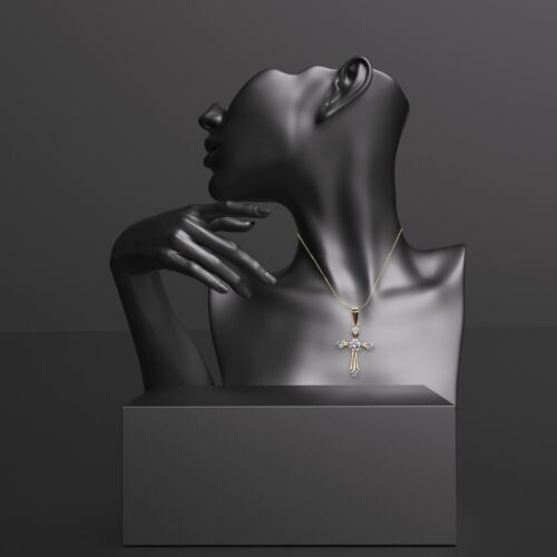 18K Yellow Gold 1 ct Created Diamond CZ Cross Stud Necklace Plated 18 inch