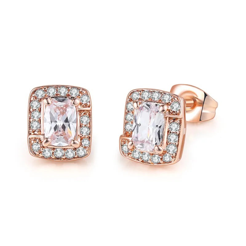 18K Rose Gold Created White Sapphire Princess Halo Pendant Necklace, Earrings and Tennis Bracelet Jewelry Set Plated